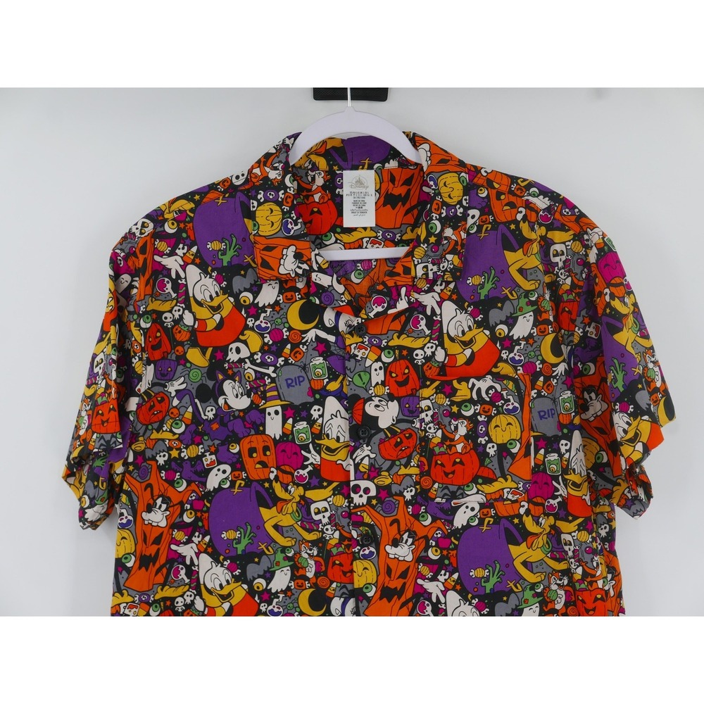 Disney Shirt Mickey Halloween Character Print Short Sleeve Button Up Men's Large